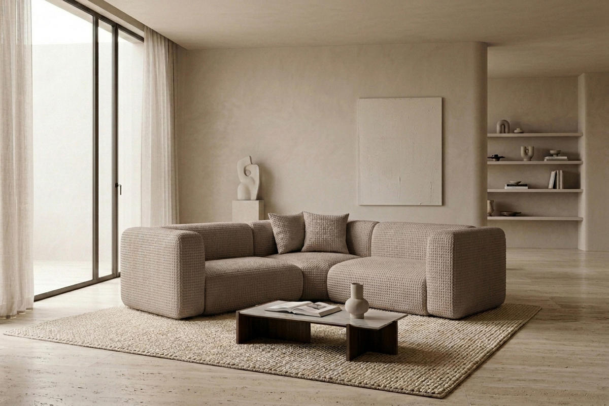 ECKSOFA Modulares, Corner mini, Chenille-Stoff Cremona, Beige, GRETA - Beige, Holz (380/190cm) - Kaiser Möbel