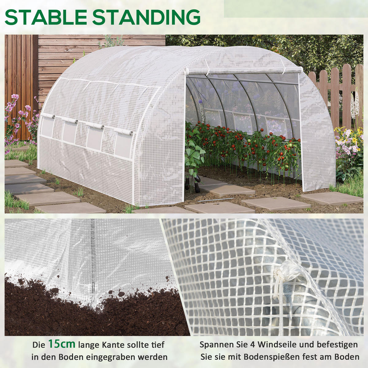 FOLIENGEWÄCHSHAUS mit aufrollbar Abdeckungen, UV-Schutz, Verzinkter Stahl, PE, Weiß - Weiß, Kunststoff/Metall (300/200/397cm) - Outsunny