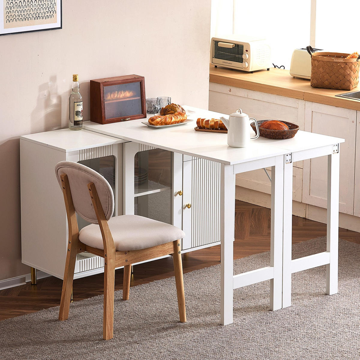 SIDEBOARD Weiß, Klappplatte, Glastüren, Goldfüße - Weiß, Holz (122/82/40cm)