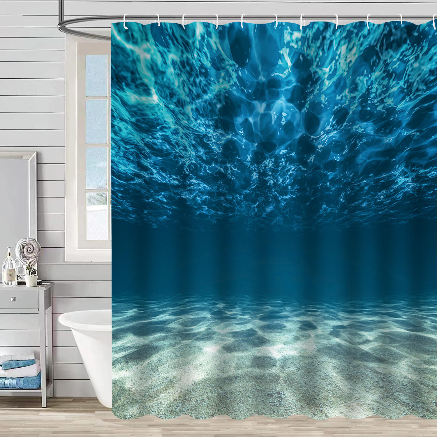 DUSCHVORHANG mit Haken hochwertig wasserdicht leicht zu reinigen schön bedruckt Meer - Blau, Textil (180/180cm) - MCBOSON