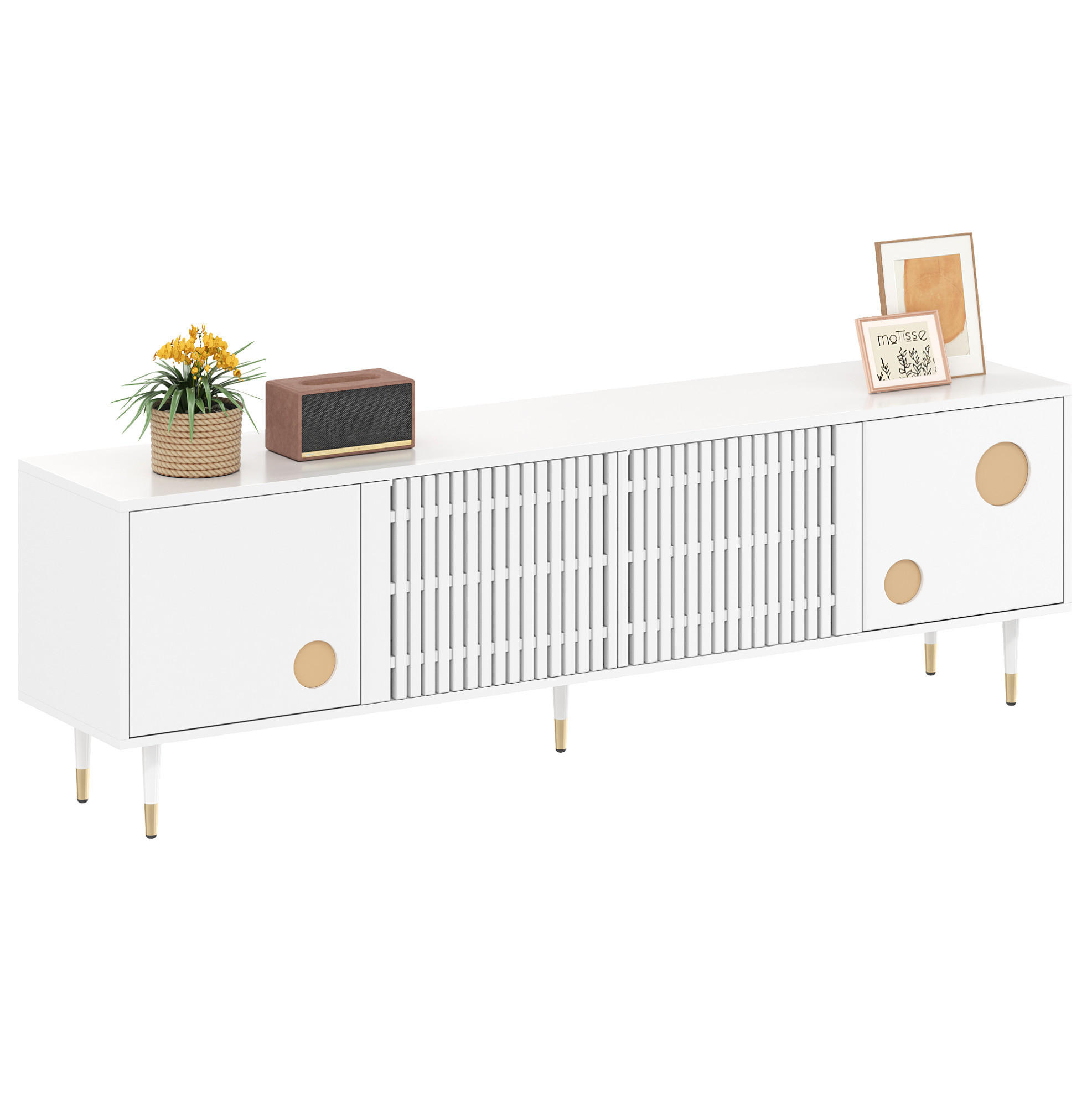 TV-SCHRANK 178/35/45 cm Holzfarben-Gold MDF mit LED-Beleuchtung und 4 Türen, Couchtisch 110/50/40 cm mit 2 Schubladen - Weiß, Holzwerkstoff (170/54/36cm) - OKWISH