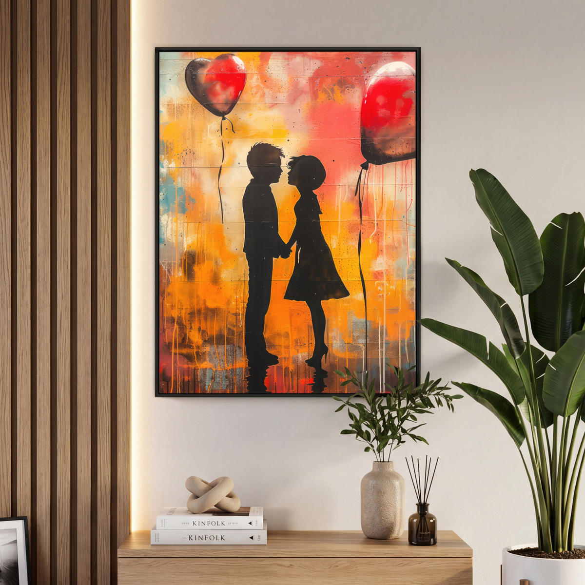 LEINWAND Bilder mit Rahmen - Straßenkunst - Liebe - Graffiti - Kunst - Banksy - 70x100 - Orange, Textil (70/100cm) - MuchoWow