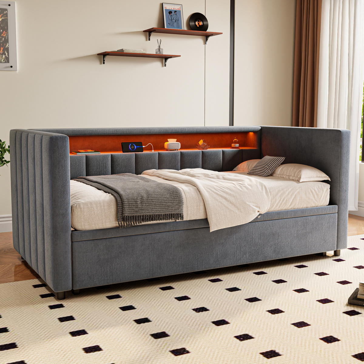 BETT mit Stauraum & Ausziehbett mit USB-C Anschluss und LED-Beleuchtung Beige 196/82-144/85 cm - Dunkelgrau, Textil - OKWISH