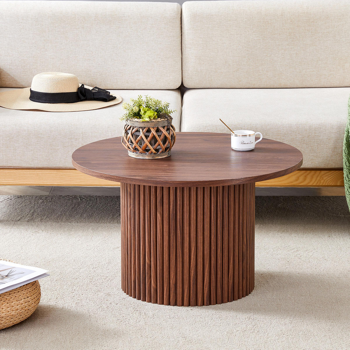 KLUBSKA miza 70 cm, MDF v dekorju oreha, okrogla s kovinskim okvirjem - barva oreha, leseni material (70/70/42cm) - BEAOK