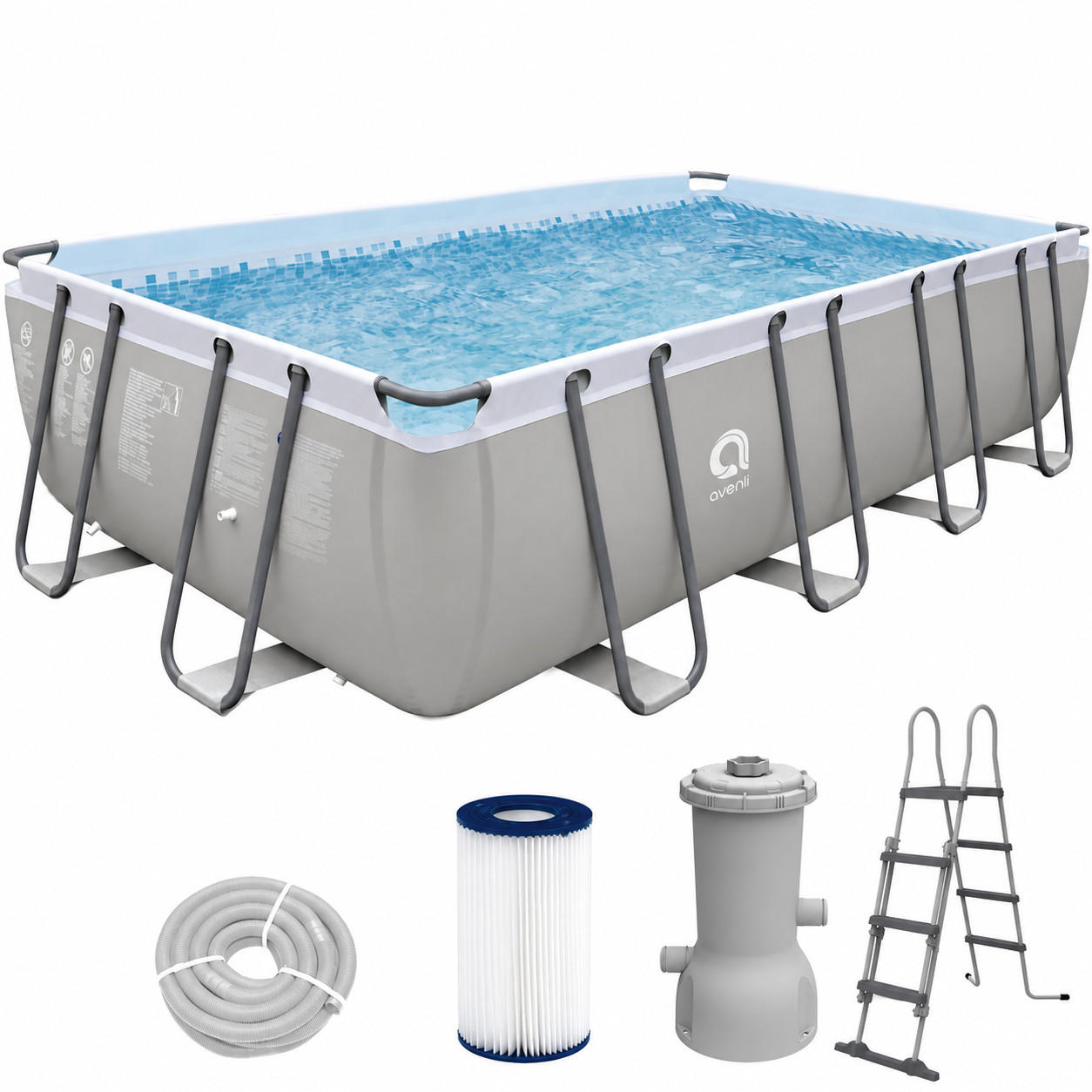POOL Komplettset rechteckig 549x305x122cm grau mit Filterpumpe und Leiter - Grau, Kunststoff/Metall (305/122/549cm) - Avenli
