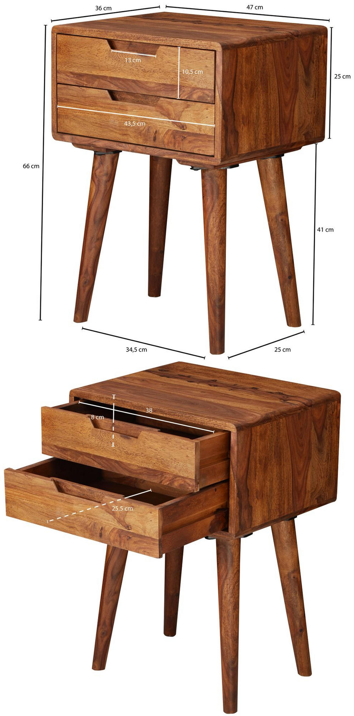 NACHTTISCH – Massivholz, 47x66x36 cm, 2 Schubladen, Landhausstil - Braun, Holz (47/66/36cm) - KADIMA DESIGN
