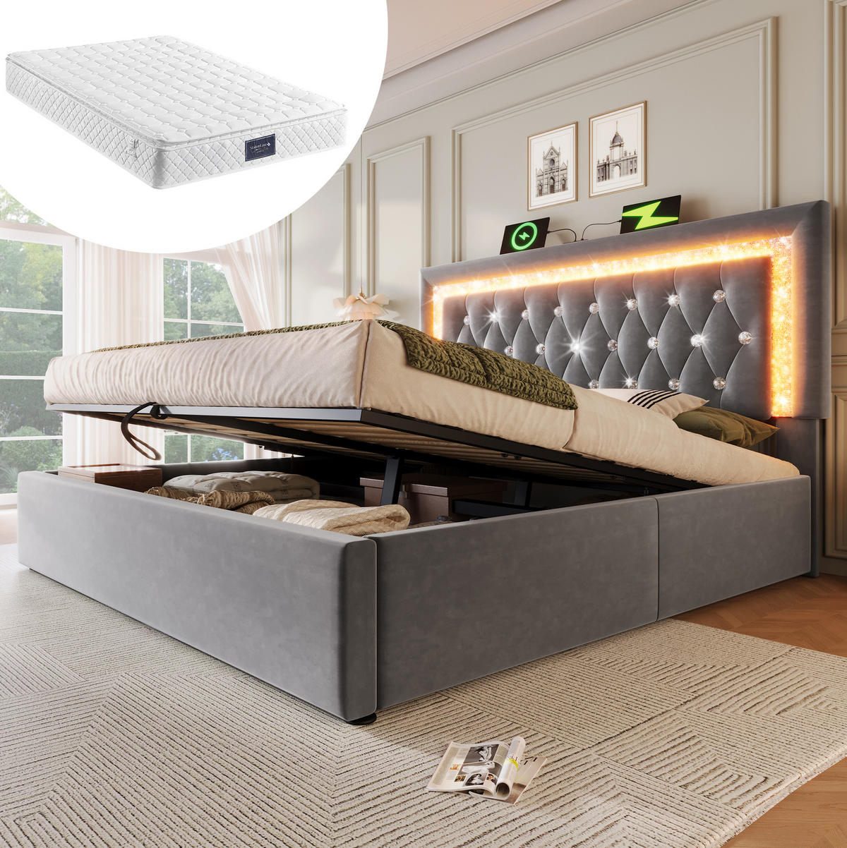 POLSTERBETT mit LED, USB und Stauraum 140x200 cm Samt Grau inkl. Matratze - Grau, Metall (140/200cm) - Meubliv