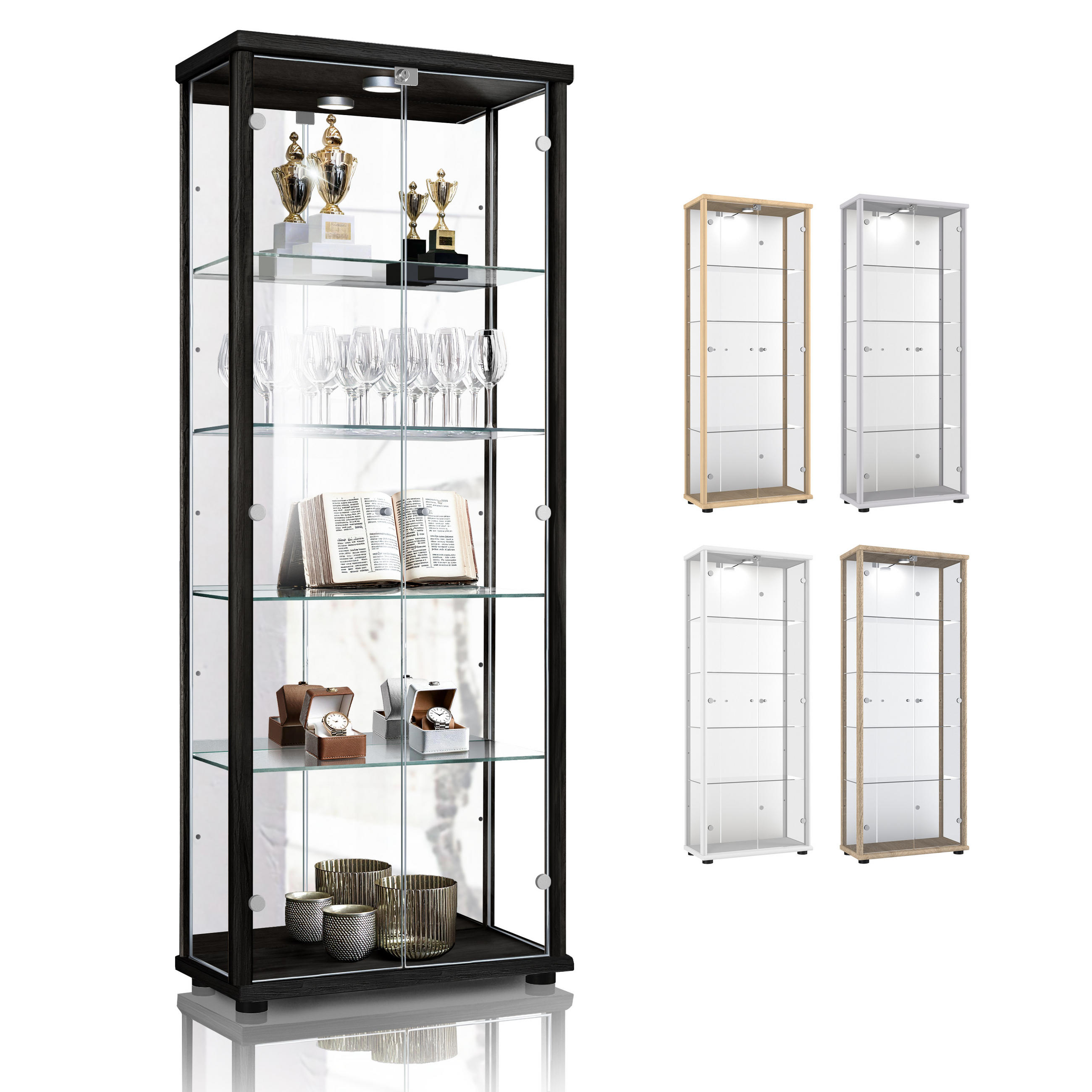 GLASVITRINE 33/67/176 cm mit Spiegel, LED, Schloss & 4 höhenverstellbaren Glasböden - Transparent/Silberfarben, Glas/Holzwerkstoff (67/176/33cm) - K-Möbel