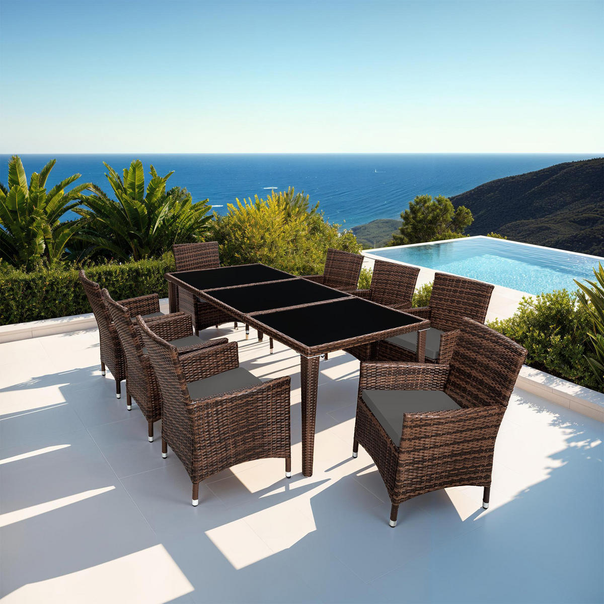 RATTAN SITZGRUPPE Menorca,2 Bezugssets, inklusive Schutzhülle,schwarz/braun - Schwarz/Braun, Kunststoff - tectake