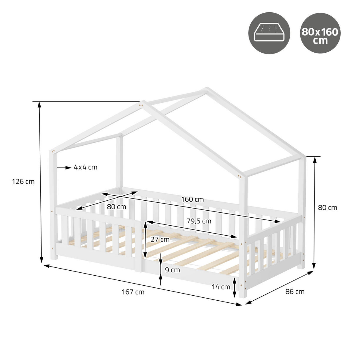 HAUSBETT mit Matratze 80x160 cm Weiß aus Kiefernholz mit Rausfallschutz - Weiß, Holz (80/160cm) - ML-DESIGN