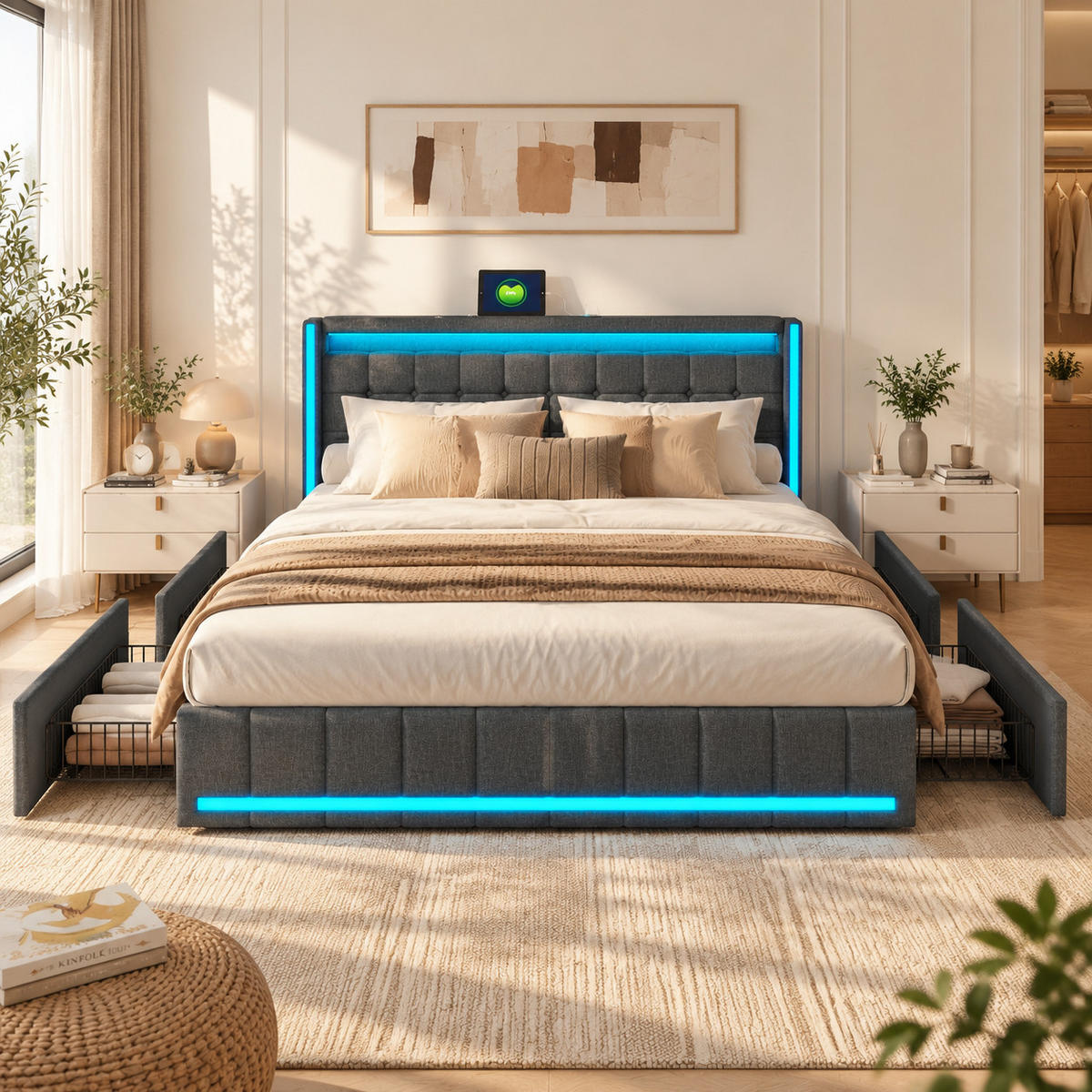 POLSTERBETT 140/200 mit RGB LED, 4 Stauraumschubladen, USB & Type C, App- und Fernbedienung, Bettgestell mit Lattenrost - Dunkelgrau, Holz/Metall (140/200cm) - Joyfair