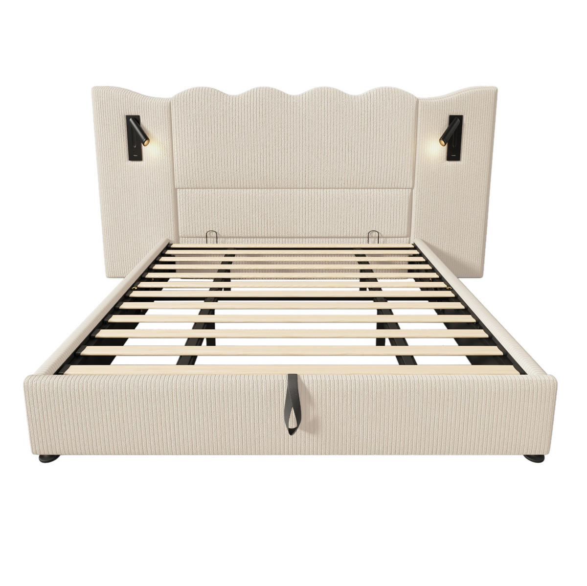 BETT mit Stauraum und Leselampe 180x200 cm Cord Beige-Weiß - Beige, Metall (180/200cm) - Meubliv