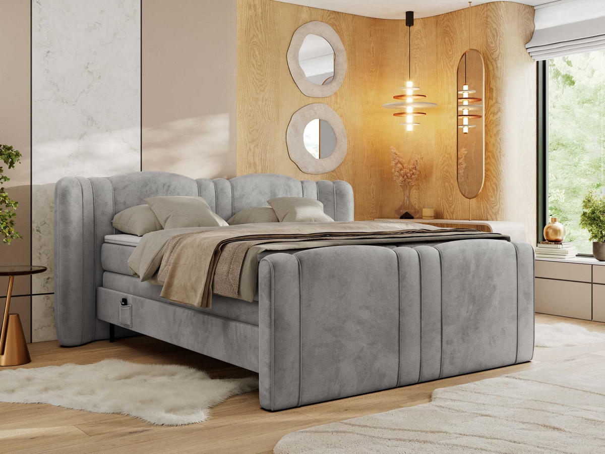 BOXSPRINGBETT FORTINA 200/200 - Hellgrau Velvet - Topper T25 - H4 - Hellgrau/Schwarz, Holz/Textil (200/200cm) - MKS