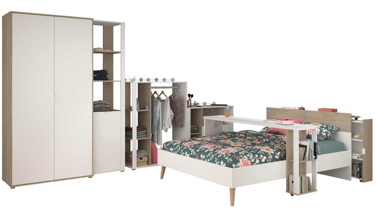 JUGENDZIMMER weiß, Eiche, Komplett-Set 7-teilig mit viel Stauraum - Eichefarben/Weiß, Holzwerkstoff/Kunststoff (145/205/206cm) - Parisot Meuble