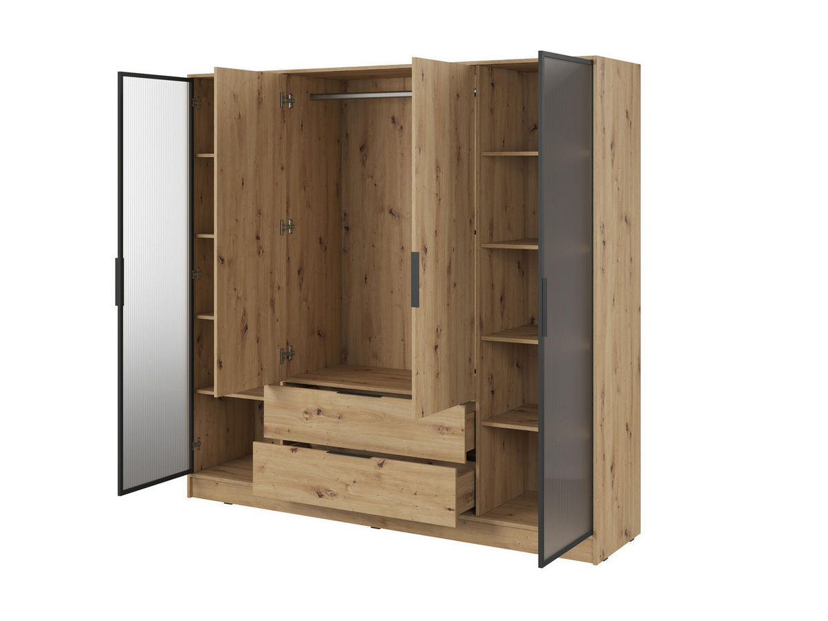 KLEIDERSCHRANK RICADI 4D RD (Artisan Eiche, Riffelglas, 4 Türen, 2 Schubladen, Kunststoffgriffe) - Schwarz/Eiche Artisan, Holz/Holzwerkstoff (206/200/51cm) - Ravio