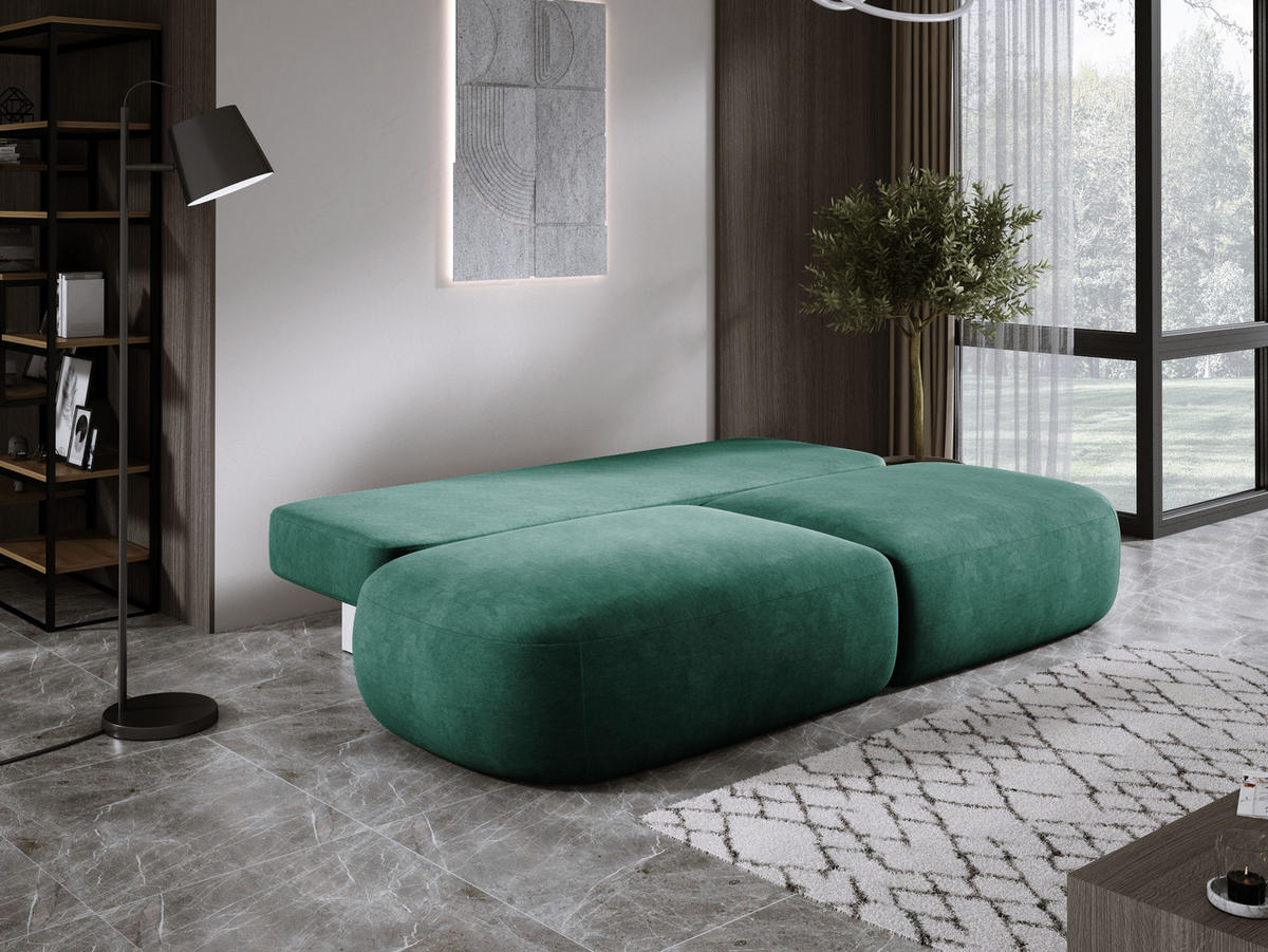 SCHLAFSOFA Moderne BABU mit Schlaffunktion – 3-Sitzer Sofa mit Bettkasten, DL-Automat, 2 Rückenkissen, 2 Zierkissen, 240x90x90 cm, Grün - Grün, Holz/Textil (240/90/90cm) - DomoHome