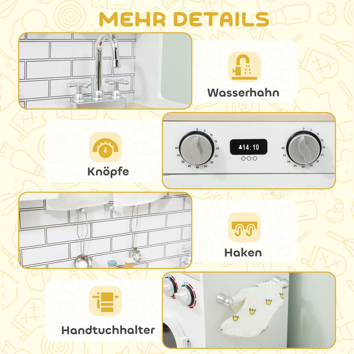 KINDERKÜCHE Spielküche mit Ofen Spüle Soundfunktion und Zubehör Spielzeugküche - Weiß, Holzwerkstoff (24/79.5cm) - AIYAPLAY