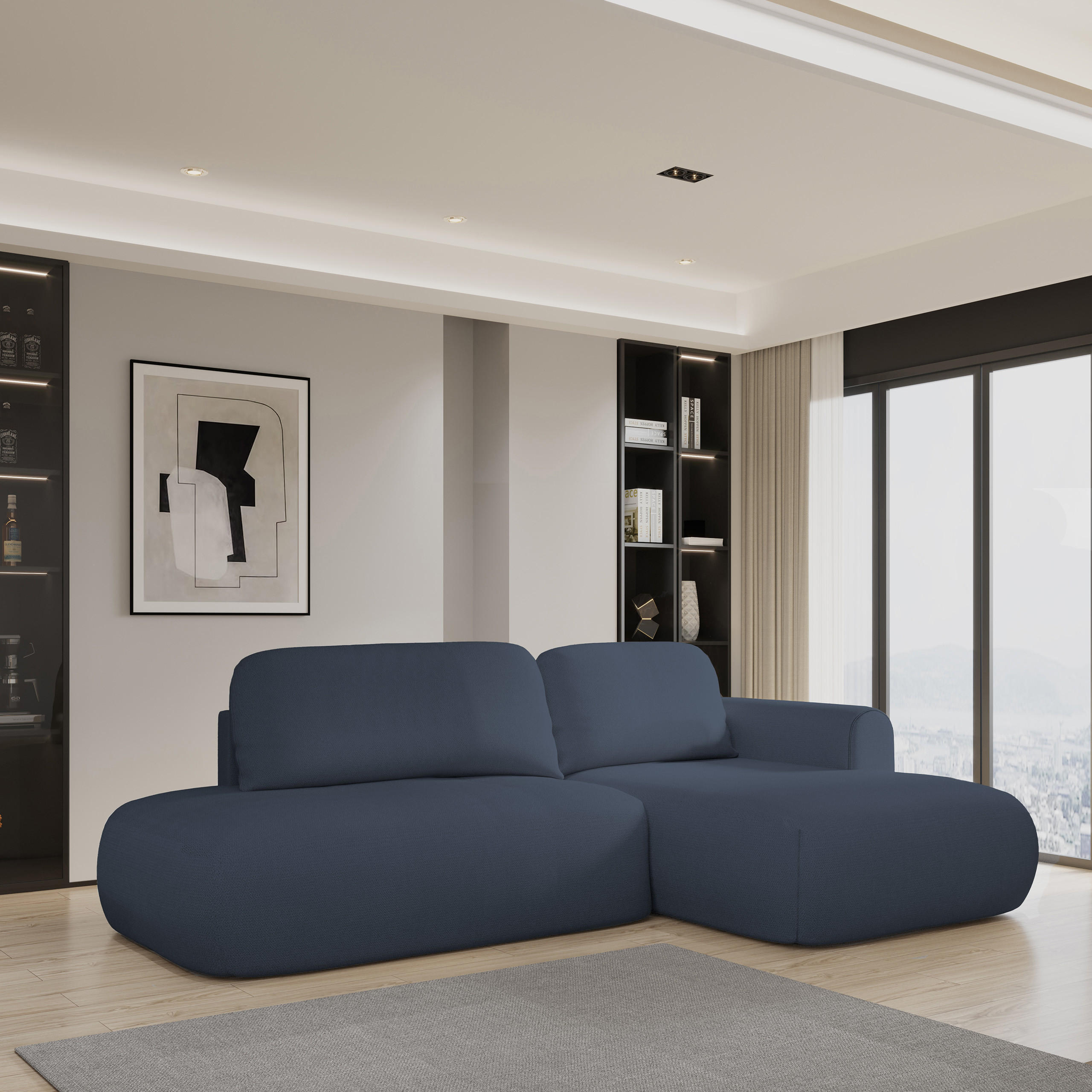 ECKSOFA NUVIRA R-S Blau Geflochtener Stoff mit Schlaffunktion - Blau, Holz (274/165cm) - MASSENO