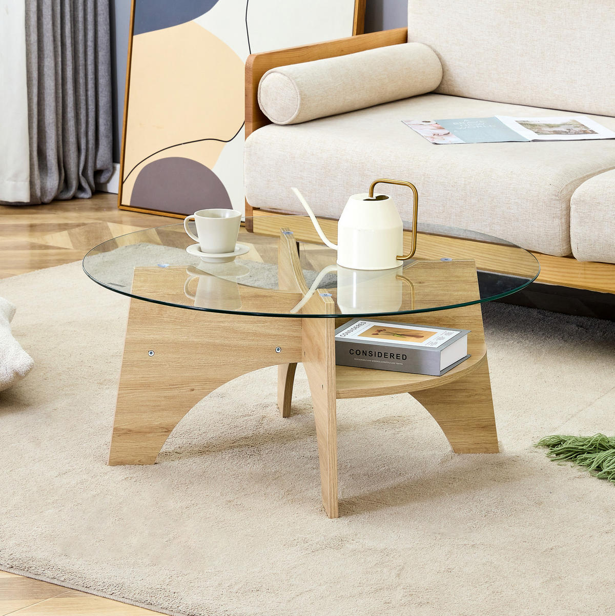 COUCHTISCH 80/80/36 cm mit Sicherheitsglasplatte und fächerförmigem MDF-Gestell, Transparent/Naturholz - Naturfarben, Holzwerkstoff (80/80/36cm) - Redom