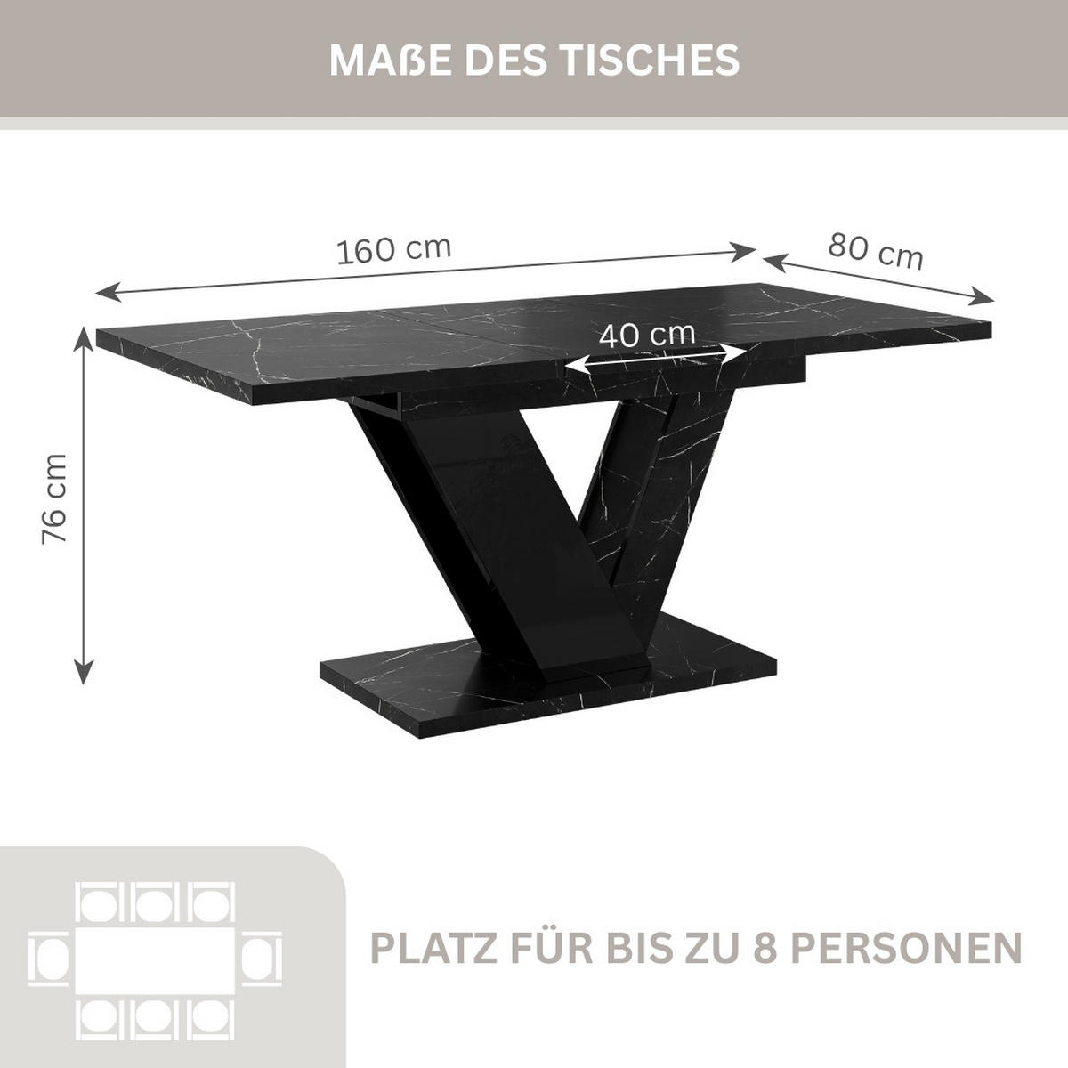 ESSTISCH Royal Schwarz Marmoptik Ausziehbar 120 - 160 cm - Schwarz, Holzwerkstoff (120/80/76cm) - PROSPERO