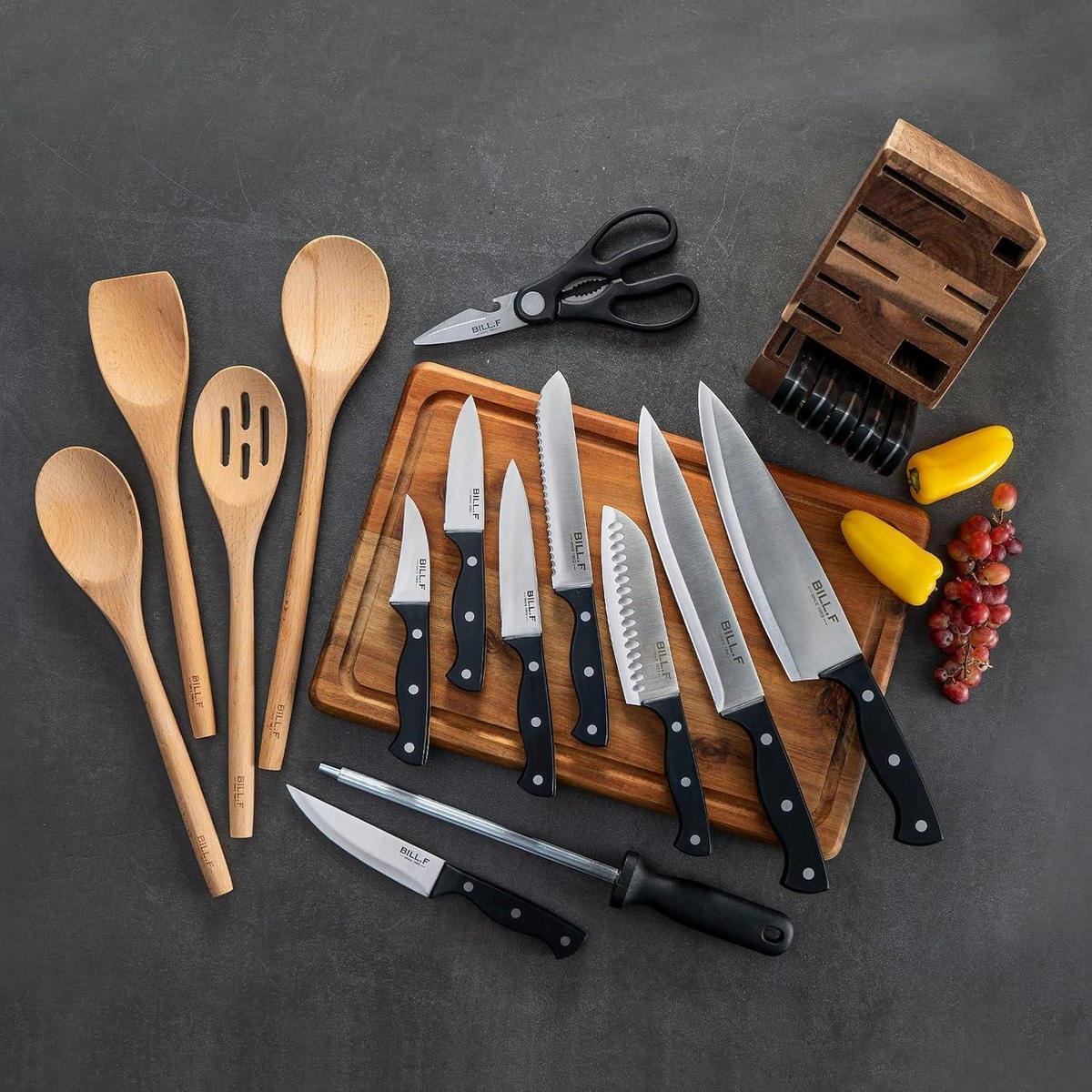 MESSERBLOCKSET 16-teilig mit Kochutensilien und Schneidebrett - Braun, Holz (23.8/10/35.8cm)
