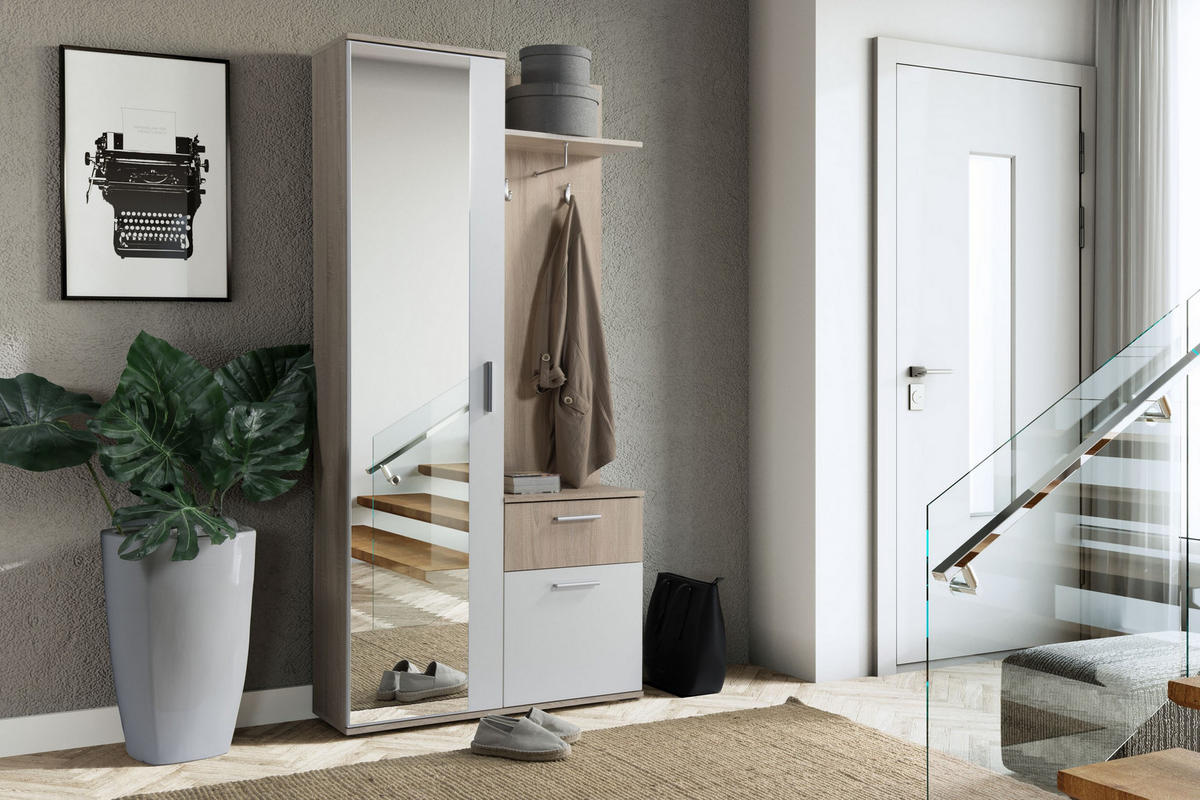 GARDEROBENSCHRANK RAMO 97/195/30 Modern Garderobenschrank Sonoma Eiche - Weiß/Sonoma Eiche, Holzwerkstoff (97/195/30cm) - MASSENO