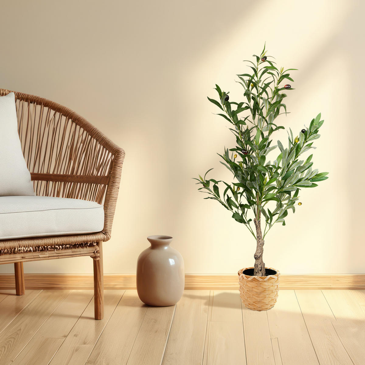 OLIVENBAUM - Dunkelgrün/Grün, Kunststoff/Stein (90cm) - Relaxdays