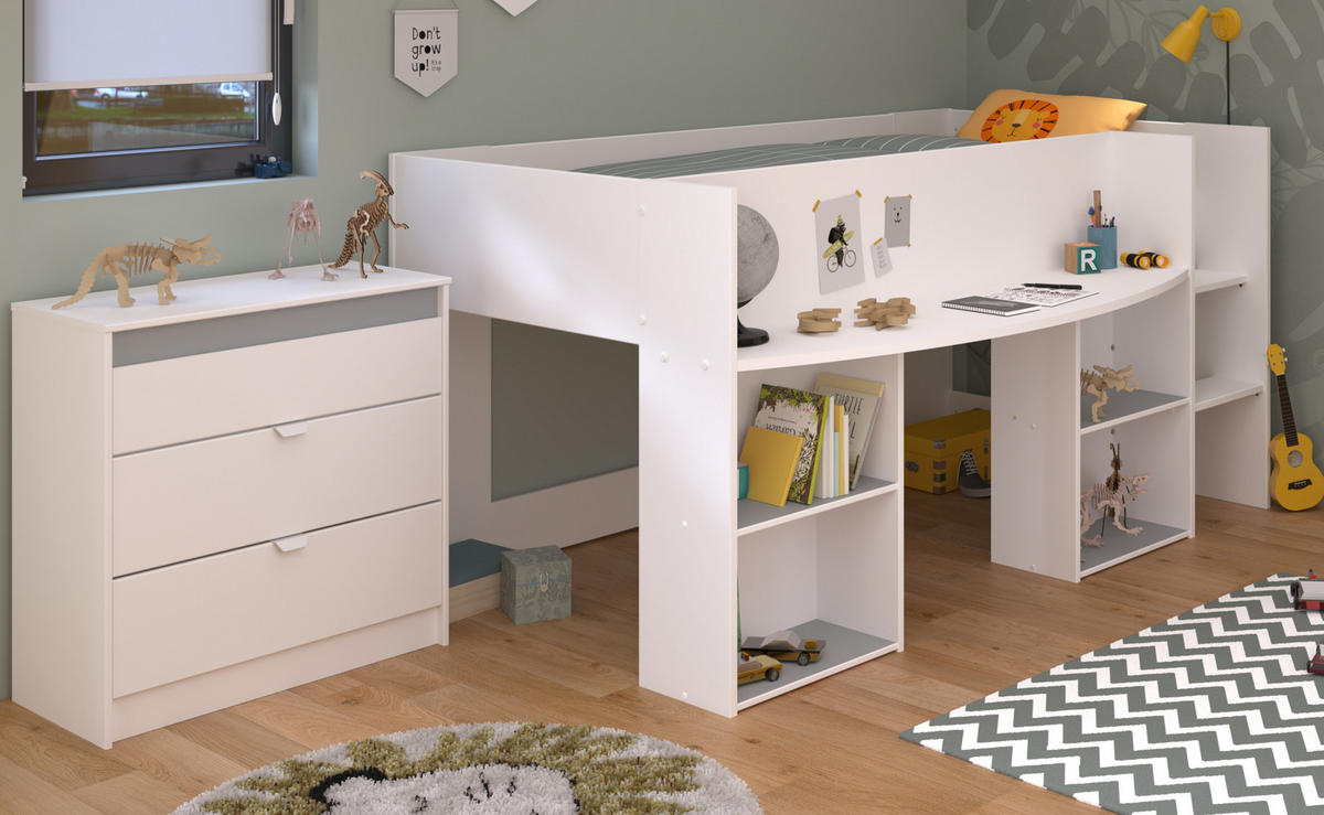 KINDERZIMMER Set 2-tlg. mit Hochbett 90 x 200 cm und Kommode - Weiß/Rosa, Holzwerkstoff/Kunststoff (205/104/132cm) - Parisot Meuble