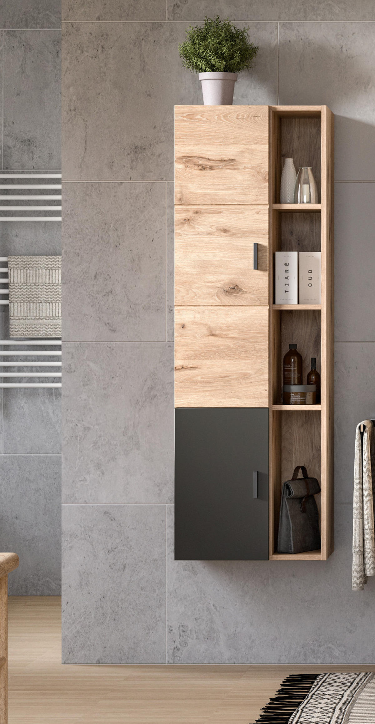 MIDISCHRANK Eiche, grau matt 48 cm, Badschrank hängend mit Soft-Close - Eichefarben/Grau, Holzwerkstoff/Kunststoff (48/144/35cm) - Inn.Furn