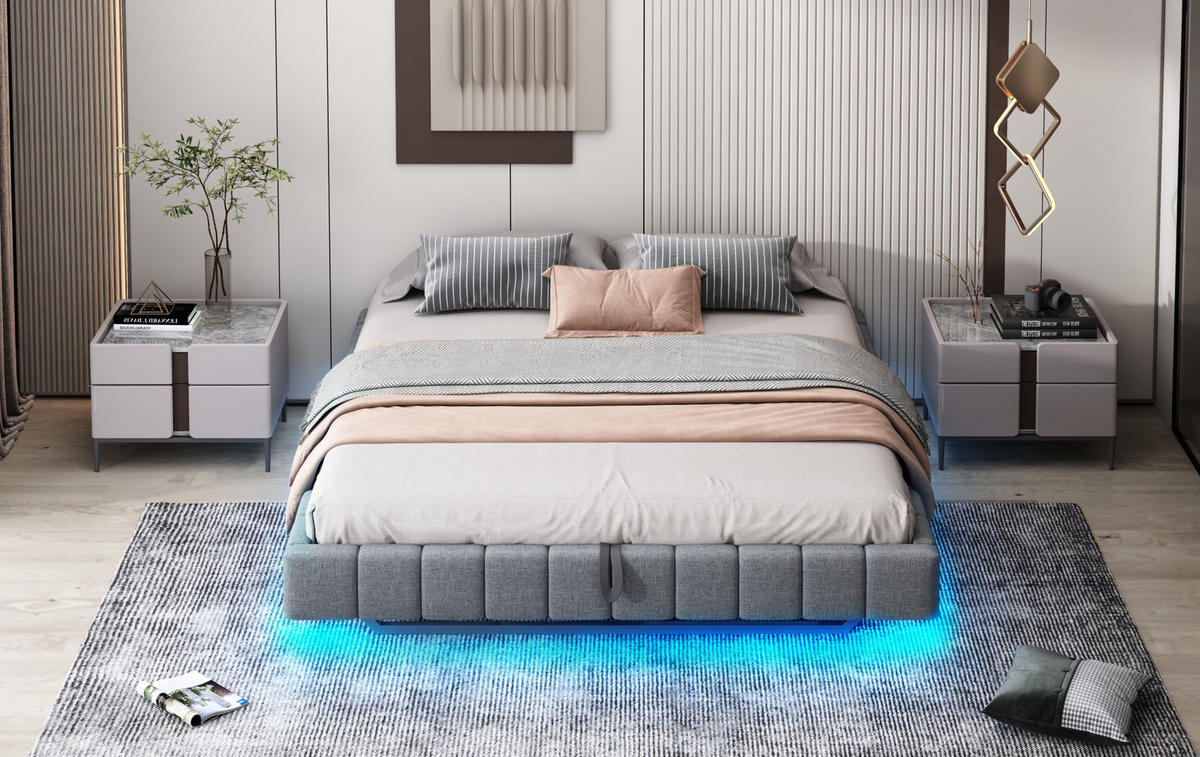 POLSTERBETT 180/200 cm grau aus Leinen mit LED und Stauraum - Grau, Textil (180/200cm) - OKMYHOME