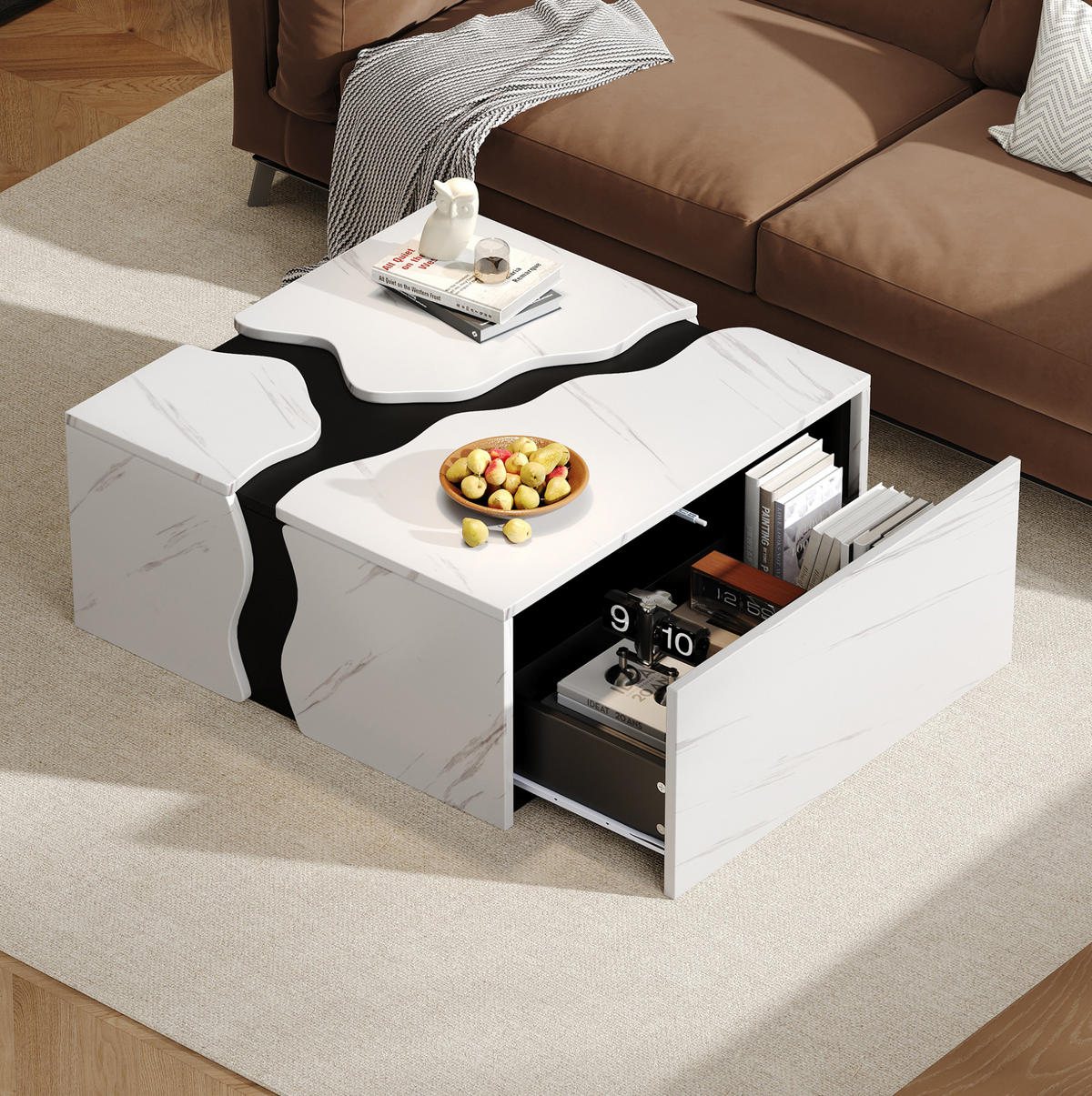 COUCHTISCH 70/70/31 cm Weiß in Marmoroptik mit Schublade aus Spanplatte - Weiß, Holzwerkstoff (70/70/31cm) - OKWISH