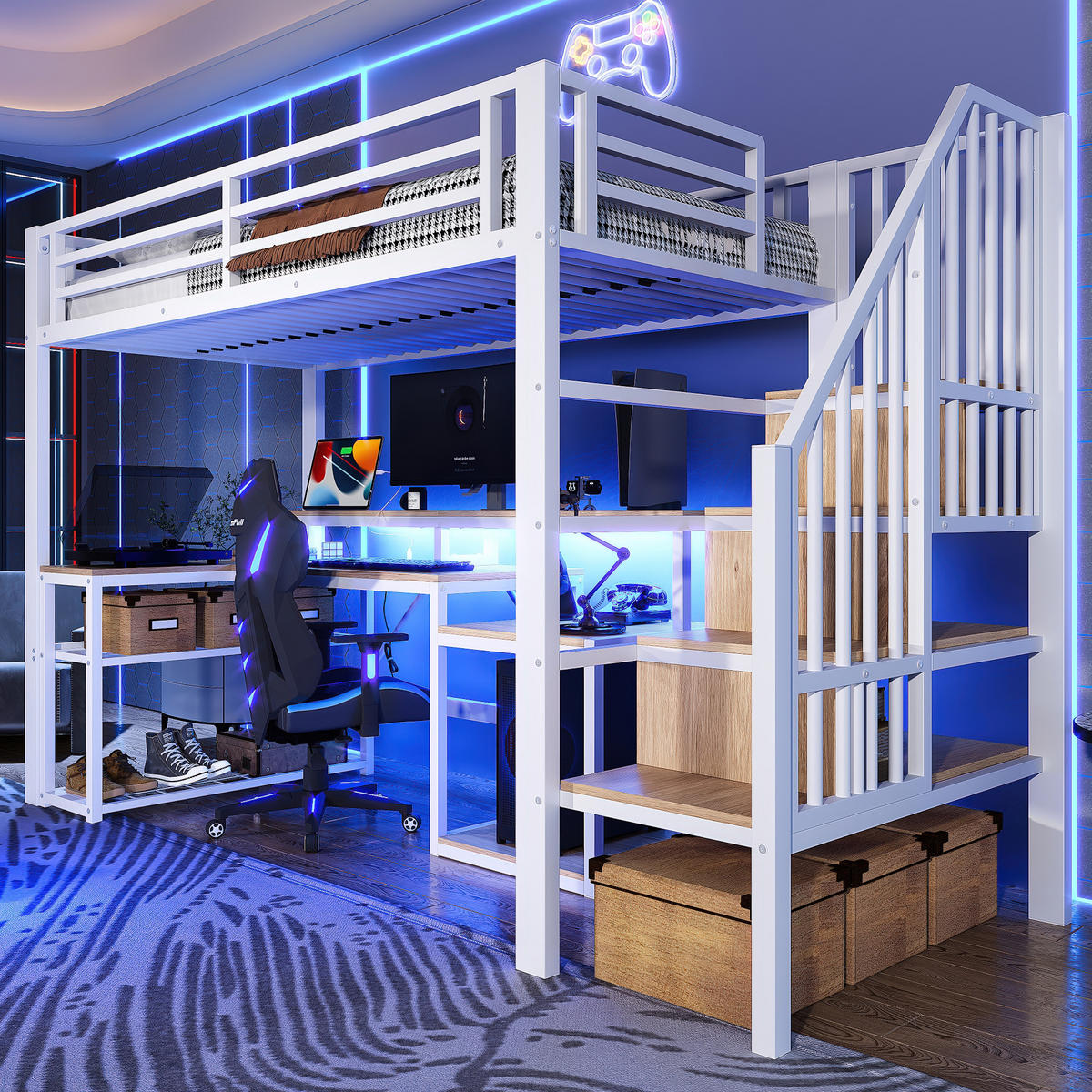 HOCHBETT 90x200cm Weiß Metall LED-Licht Schreibtisch USB - Weiß, Metall (90/200cm) - FLIEKS