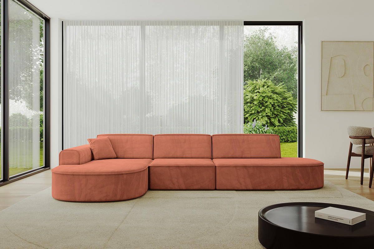 ECKSOFA Ottomane Links MARI-L2 - 328x171x79 cm Koralle Velours - Koralle/Schwarz, Holzwerkstoff/Kunststoff (328/171cm) - ALTDECOR