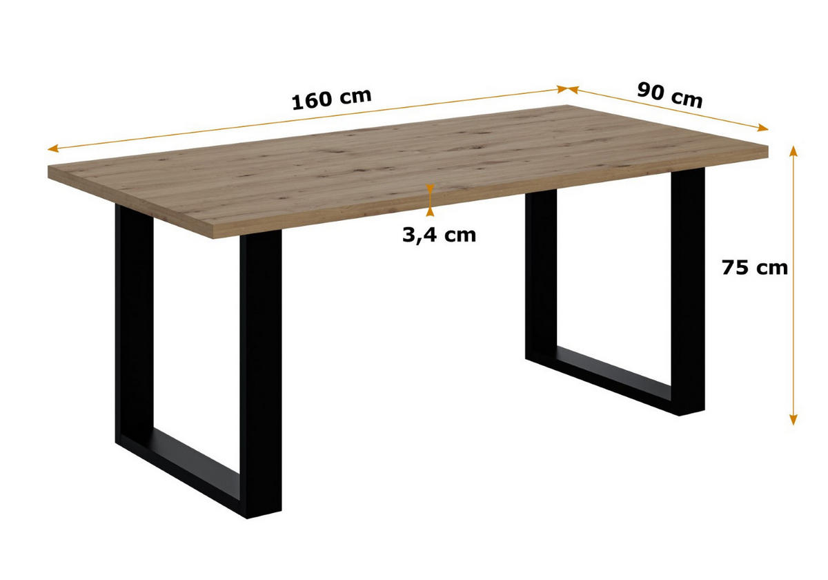 ESSTISCH 160x90x75 cm - Artisan Eiche Optik/Schwarz - KLYN U - Eichefarben, Holzwerkstoff (160/90/75cm) - ALTDECOR