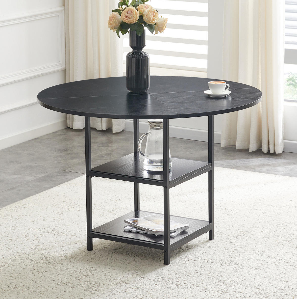 ESSTISCH aus MDF und Metall 107x107x75 cm Schwarz mit doppelter offener Ablage im Industrial-Stil - Schwarz, Holzwerkstoff (107/107/75cm) - Modfu