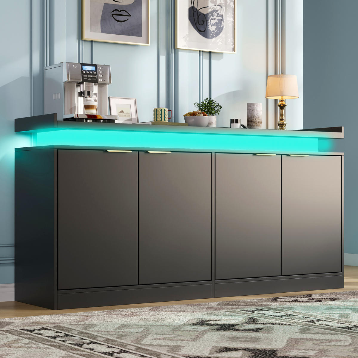 SIDEBOARD DE-38751 160/39/83 cm LED-Beleuchtung und 4 Türen Schwarz - Schwarz, Holzwerkstoff (160/83/39cm) - ComfortXL