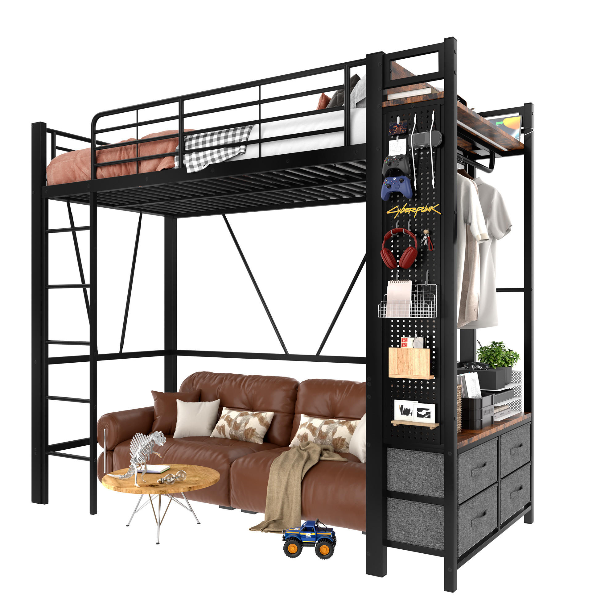 HOCHBETT aus Metall und MDF 90x200 cm Schwarz mit LED-Leiste, USB-C-Anschluss, 4 Schubladen - Schwarz, Metall (90/200cm) - IVMEU