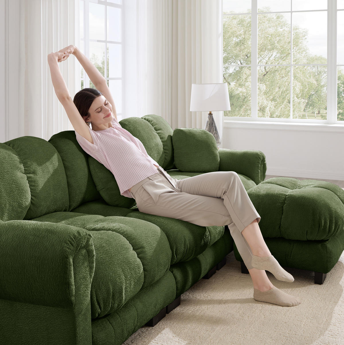 ECKSOFA 2-Sitzer mit Ottomane Chenille Grün - Grün, Holz (149/190cm) - Meubliv