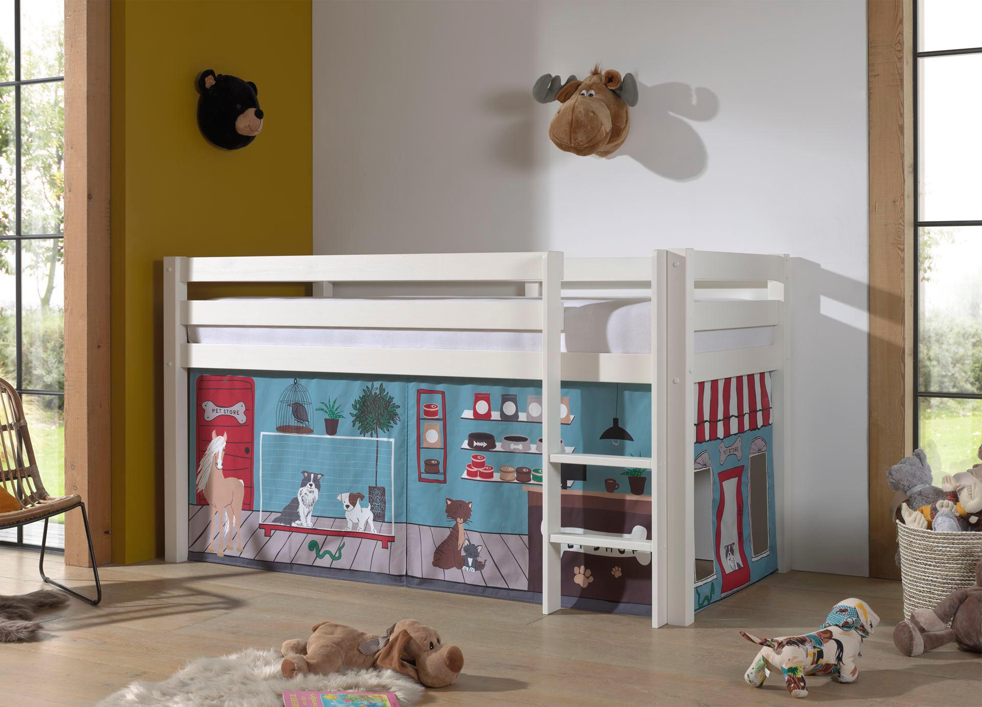 KINDERBETT Karolina 210x114x106 Massivholz Weiß Textilset Pet Shop - Blaugrau/Weiß, Holz (90/200cm) - 58aufmkessel