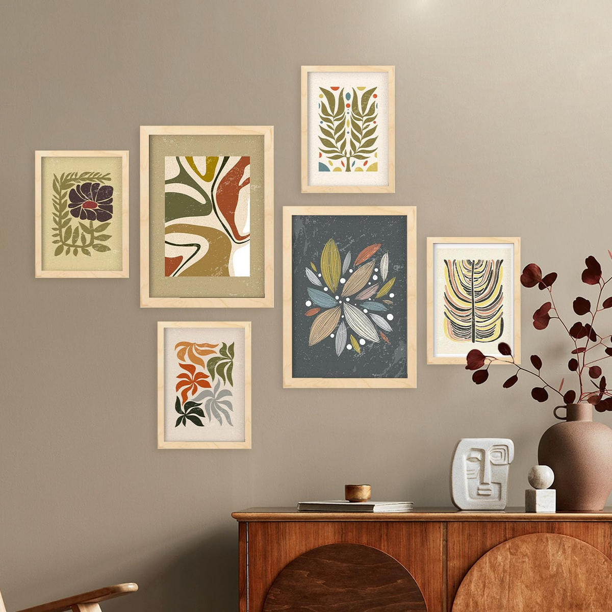 POSTER Set Mit 6 Drucken Von Pflanzen Im Ethnischen Drucker Sammlung Dekorative Rahmen Für Ihr Zuhause Wandkunstdruck A3 & A4 Rahmen Aus Hellem Holz - Beige, Papier (29/3cm) - Nacnic
