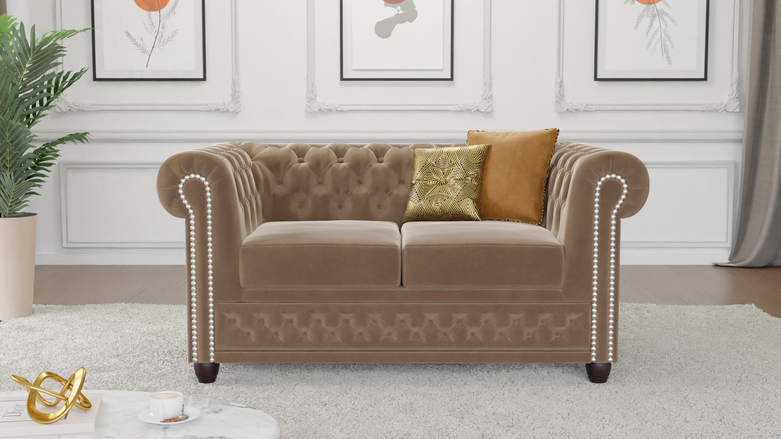 Thumbnail - S-Style Möbel Chesterfield-Sofa, Beige, Textil, Echtholz,Birke, 2-Sitzer, Füllung: Polyetherschaumkern,Silikon,Komfortsc...