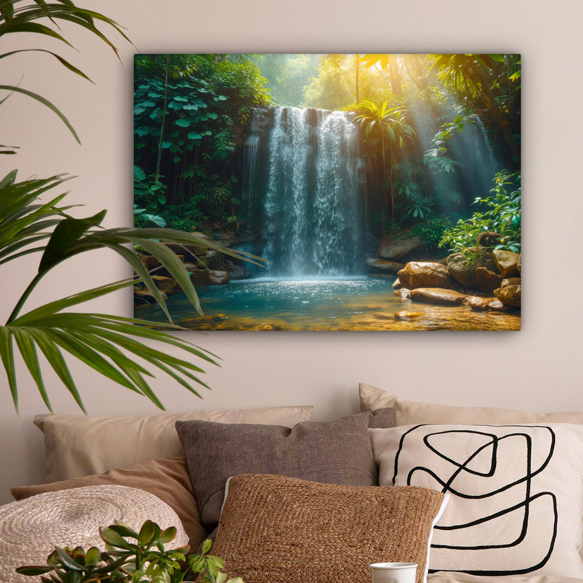 LEINWANDBILD Wasserfall - Dschungel - Sonne - Grün - Natur Wandbilder 80x60 cm - Grün, Textil (80/60cm) - MuchoWow