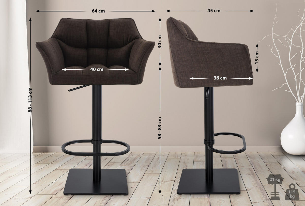 BARHOCKER 2er Set Damaskus Stoff schwarz braun - Schwarz/Braun, Textil/Metall (64/110/48cm) - TPFLiving