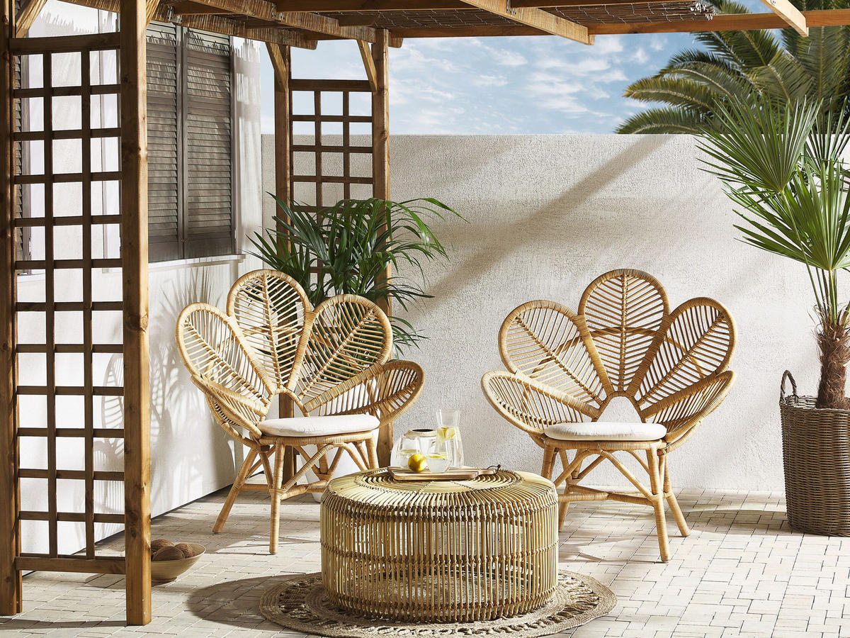 BALKONSET 2-Sitzer Rattan natürlich Auflagen beige Florentine/Limni - Beige/Naturfarben, Naturmaterialien - Beliani