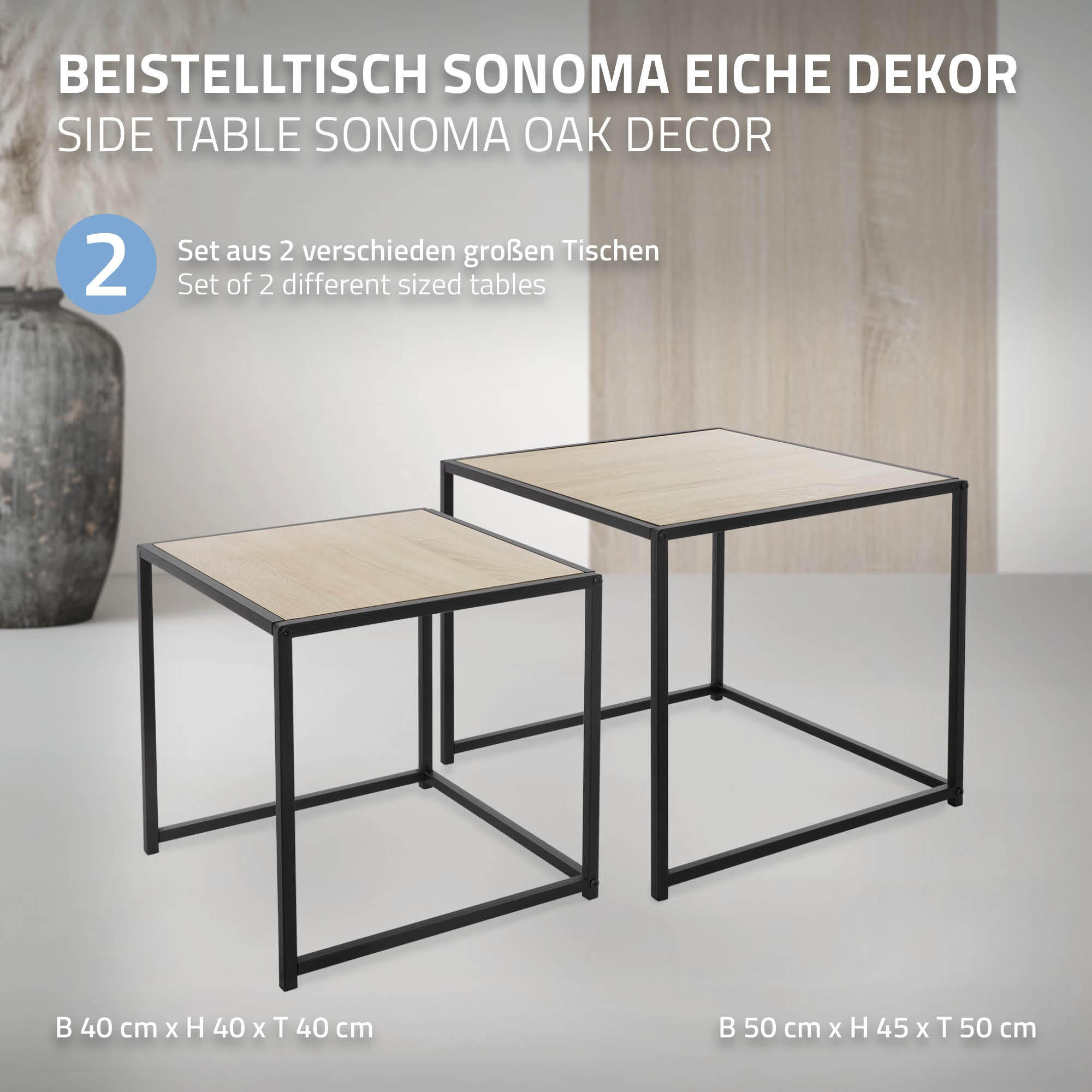 BEISTELLTISCH quadratisch Schwarz 40/40/40cm / 50/50/45cm 2er Set - Schwarz, Metall (40/40/40cm) - ML-DESIGN