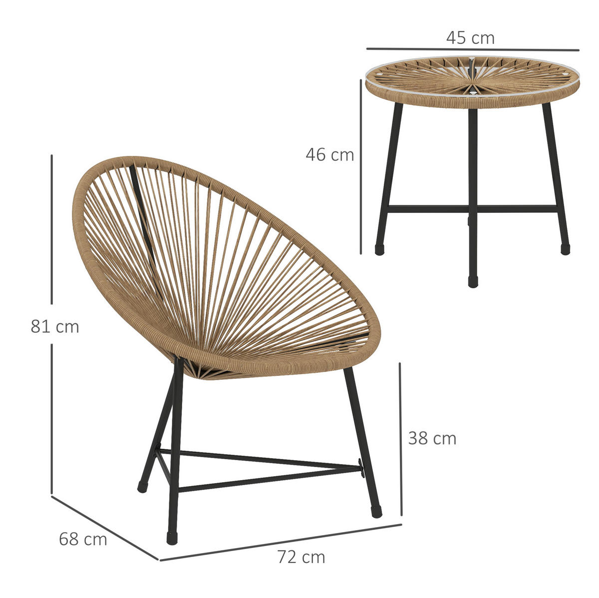BALKONMÖBEL-SET 72/68/81 cm mit 2 Stühlen, Tisch, Glasplatte und Stahlgestell aus Rattan, Naturholz - Naturfarben, Naturmaterialien - Redom