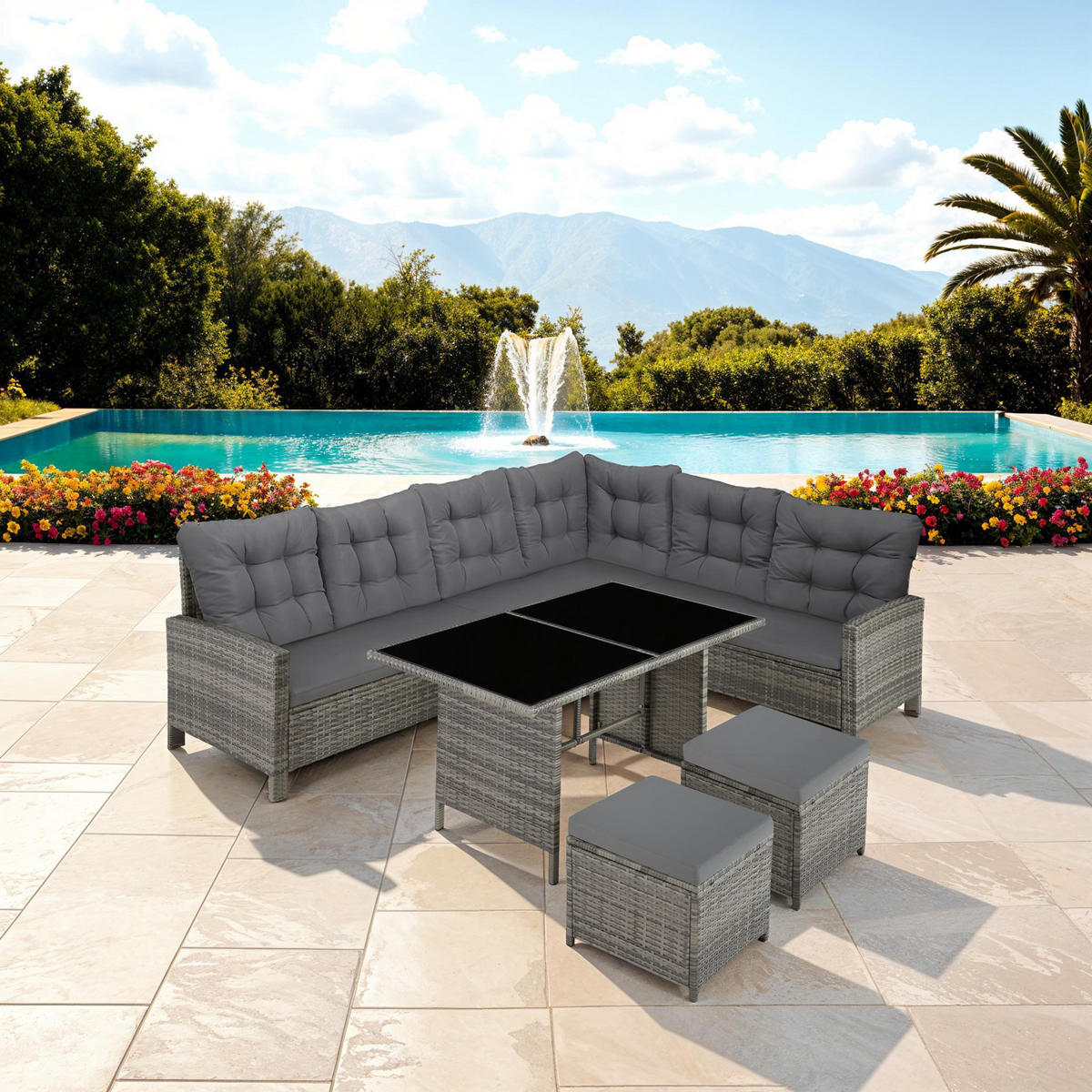 RATTANLOUNGE Barletta,mit Sicherheitsglasplatten,grau/beige - Beige/Grau, Kunststoff - tectake