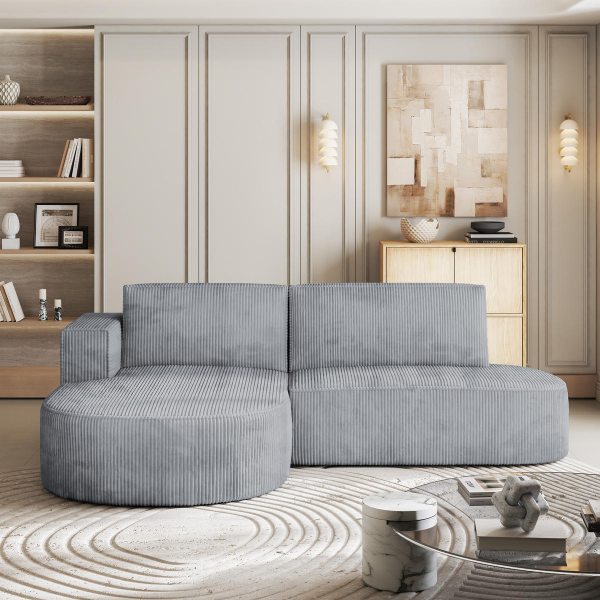 ECKSOFA CORTIO P L-S Hellgrau Kordstoff mit Schlaffunktion - Hellgrau, Holz (265/174cm) - MASSENO