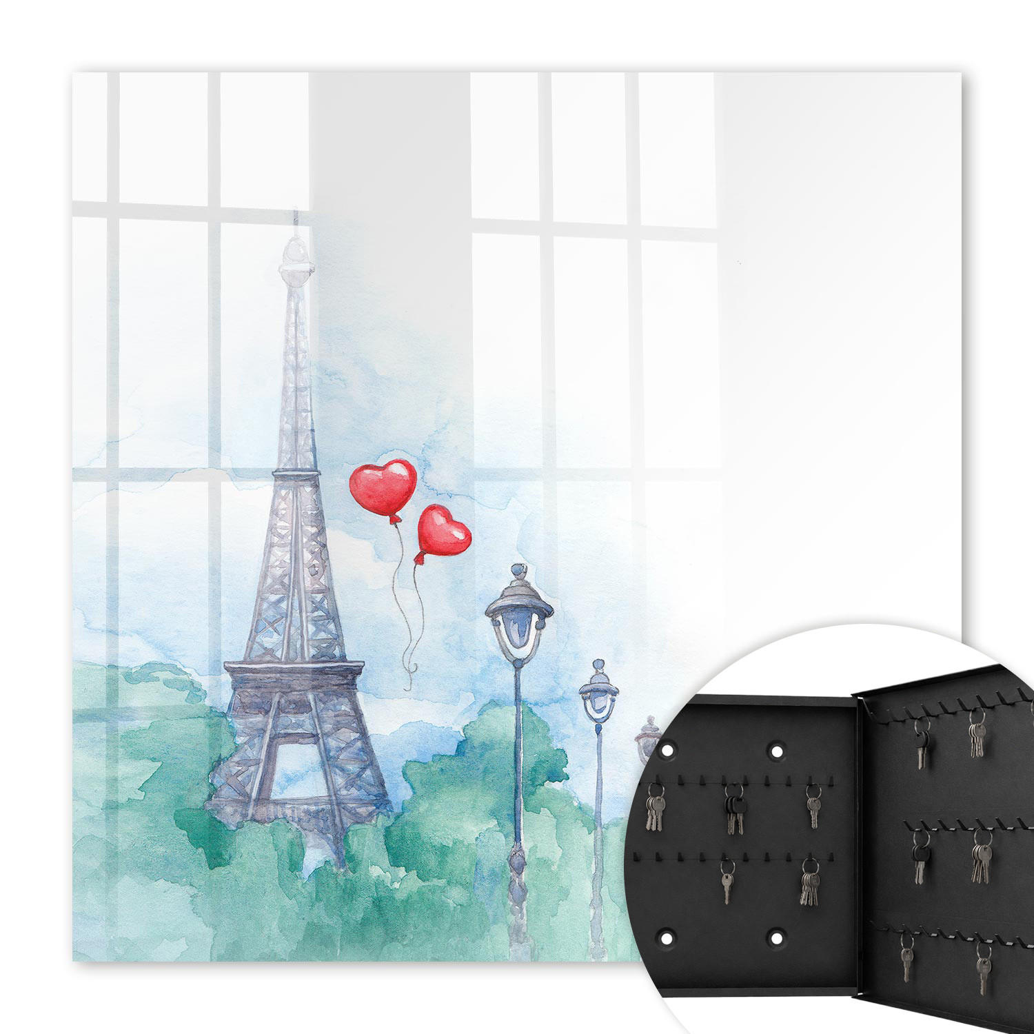 SCHLÜSSELBOX Schwarz 30x30 cm- Türöffnung nach rechts - Pariser Szenerie - Blau, Metall (30/30/5cm) - TULUP