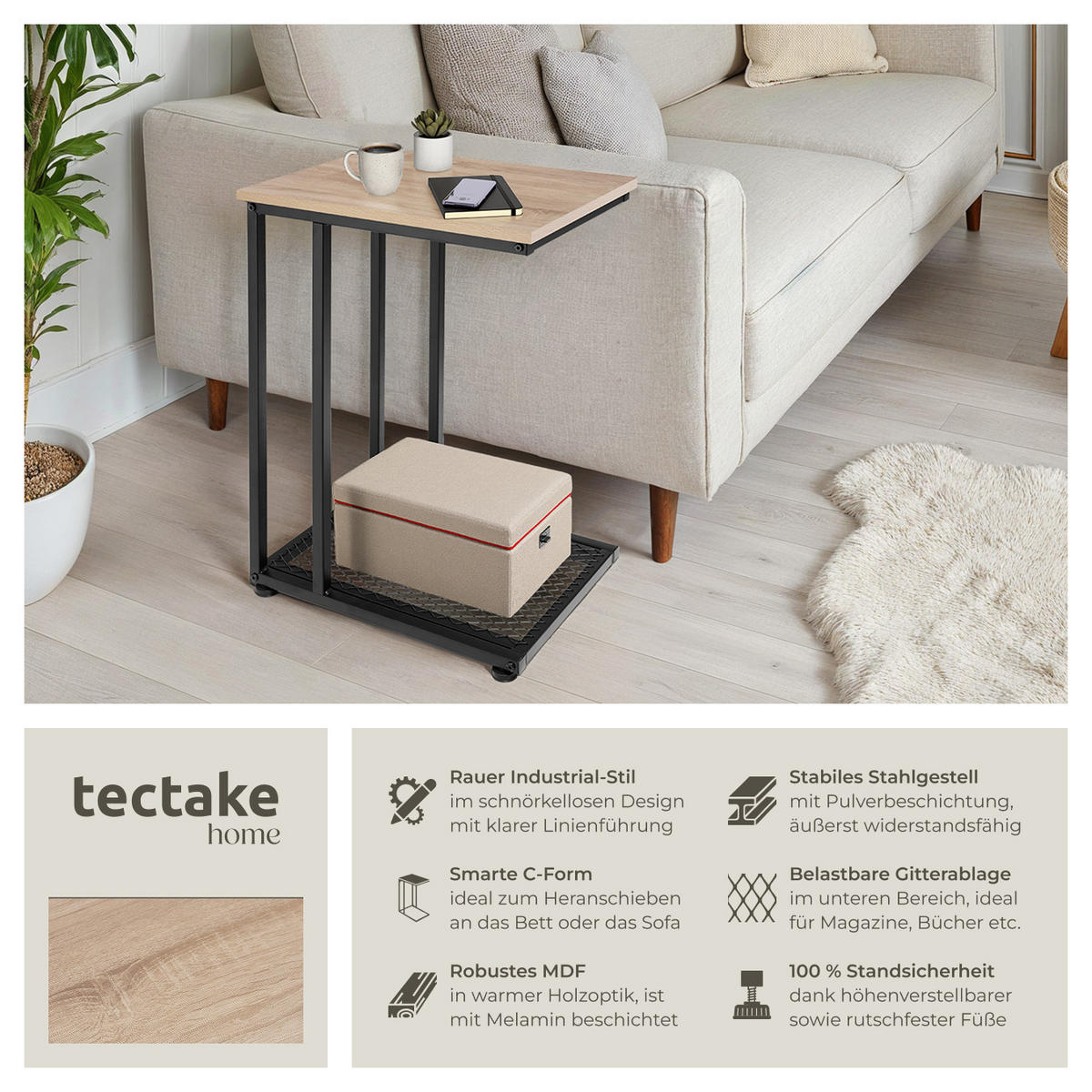 BEISTELLTISCH Eton,48 x 35 x 66 cm,Industrial Holz hell, Eiche Sonoma - Naturfarben, Holz (48/35/66cm) - tectake